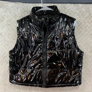 Daisy Puffer Vest Womens L Black Shiny Wet Look Cropped Mock Neck Goth Hip Hop